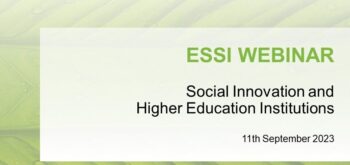 Banner featuring the text: ESSI Webinar: Social Innovation and Higher Education Institutions. 11th September 2023. In there background there is a light green leave.