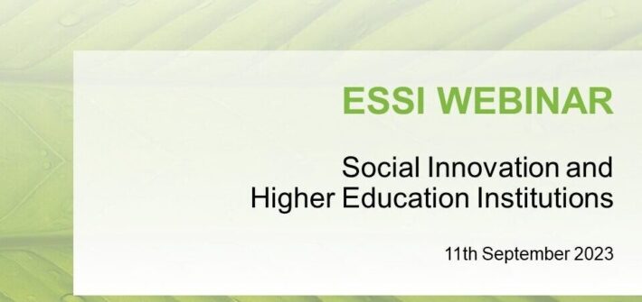 Banner featuring the text: ESSI Webinar: Social Innovation and Higher Education Institutions. 11th September 2023. In there background there is a light green leave.